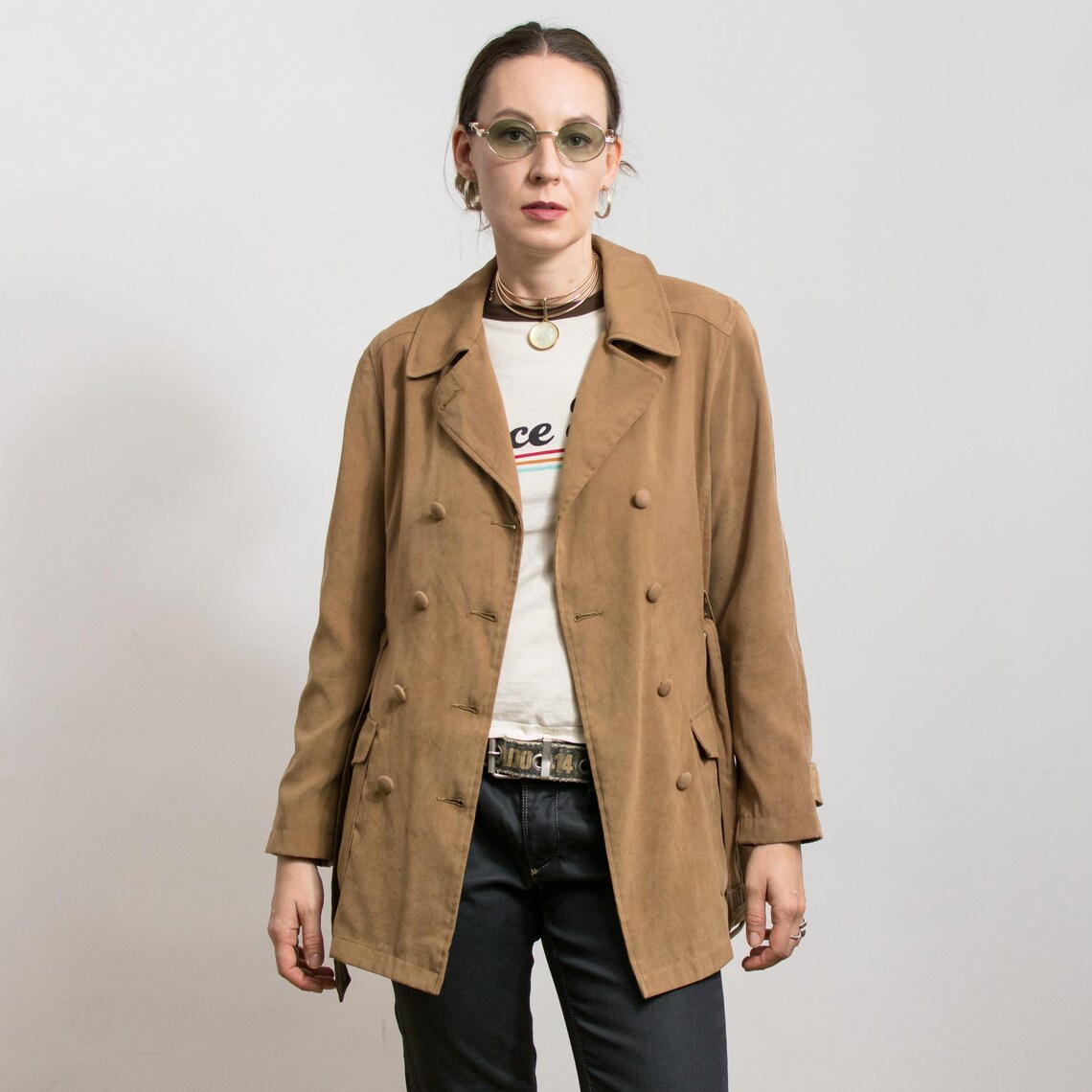 Vintage Brown Belted Short Trench Coat Double Breasted Jacket, foto 1 di 5
