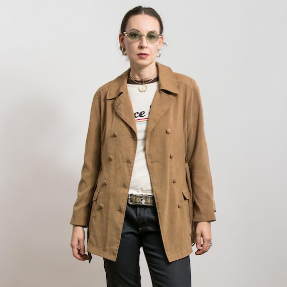 Vintage Brown Belted Short Trench Coat Double Breasted Jacket