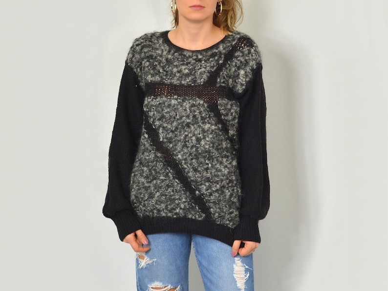 Hairy sweater Vintage Black pullover hairy gray 90s oversized XLXXL