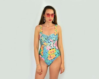 One piece swimsuit Floral rainbow Hawaiian Printed Vintage summer Backless bath swim suit bathing green violet woman 80's XL/XXL