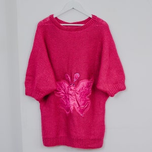 Butterfly sweater pink vintage 80's raspberry retro reglan slleve 3/4 pullover oversized one size L-XXL image 7