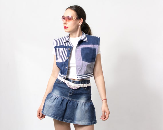 90's vintage denim vest striped cropped sleeveles… - image 1