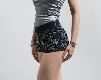 Vintage short met kralen, Y2K verfraaid feesthotpants S