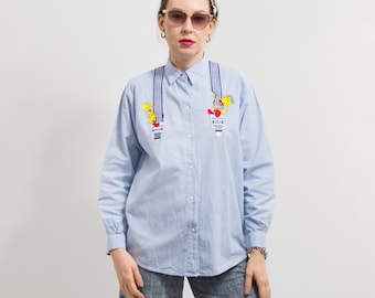 Besticktes Jeanshemd Vintage Enten Langarm Damen Größe L/XL
