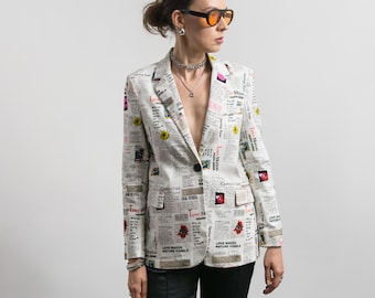 Desigual Newspaper Print Blazer Y2K Tailored Jacket M