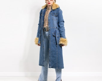 Vintage Y2k Insulated Denim Coat Penny Lane Collar Faux Fur Trench