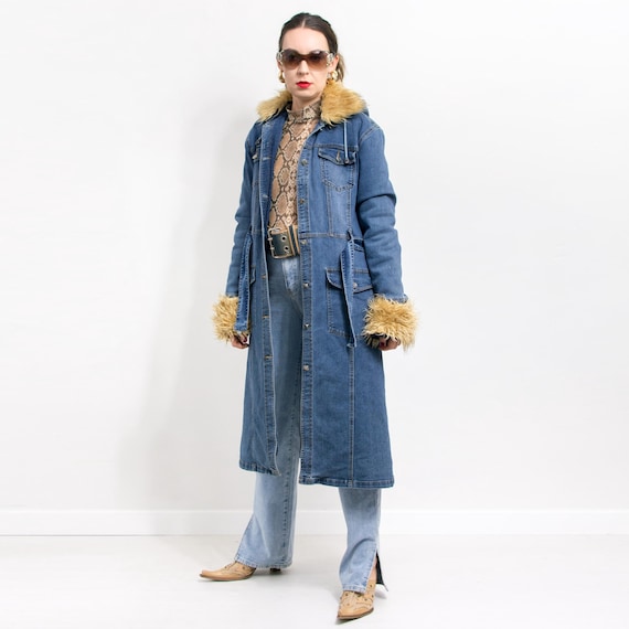 Insulated Denim Coat Vintage Y2k Penny Lane Faux Fur Trench Women