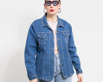 Blauw spijkerjack Vintage jaren 90 getailleerde jeans dames maat L