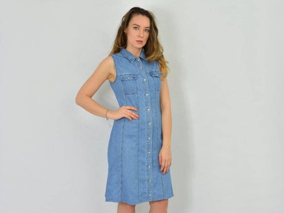 Jean Dress Mini Vintage Jean Collared Sleeveless Long Blue | Etsy
