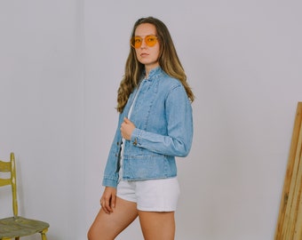 Veste en denim vintage 90's cropped classic blue hipster jeans button up women M Medium