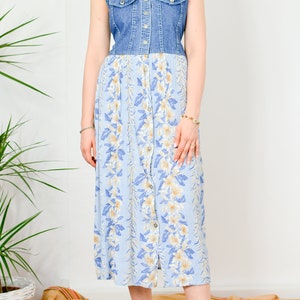 Button up down denim dress Vintage 90's jeans sleeveless florall bottom skirt pockets summer tied waist blue M Medium image 2
