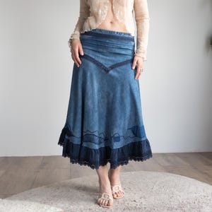 Y2K Denim Midi Skirt | vintage lace hem coquette aesthetic | women&#39;s size S-L