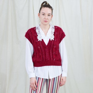 Burgundy sweater vest vintage sleeveless red V neck pullover handmade one size M-XXL