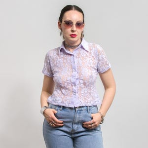 Vintage Lilac Sheer Lace Shirt | see through mesh blouse | short sleeve top | women&#39;s size M/L