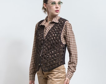 Vintage Suede Leather Vest Openwork Retro L