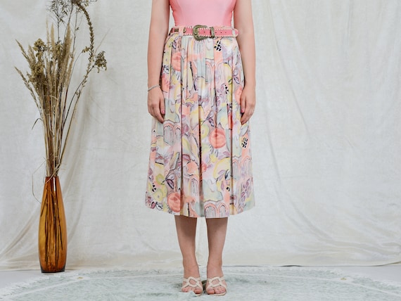 Viscose skirt pleated W33 vintage fruits floral p… - image 1