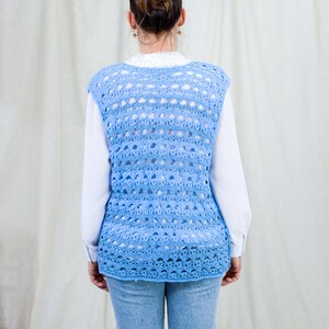 Blue sweater vest vintage handmade cardigan croched sleeveless one size XL-XXXL image 5