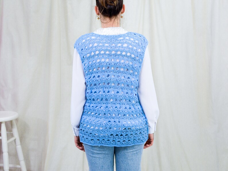 Blue sweater vest vintage handmade cardigan croched sleeveless one size XL-XXXL image 5