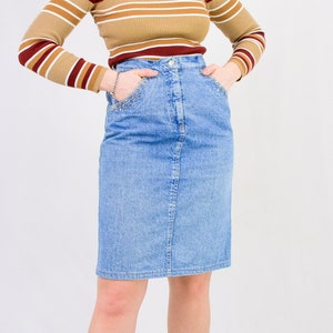 Pencil mini skirt W30 denim studded blue vintage 90s L Large