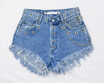 Rocker shorts W27-28 studded REWORKED denim high waisted keychain super frayed vintage skull patch cut off S/M