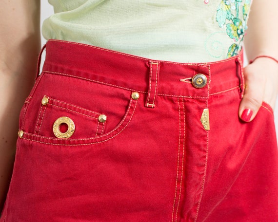 Vintage 80's denim shorts red golden spikes high … - image 7