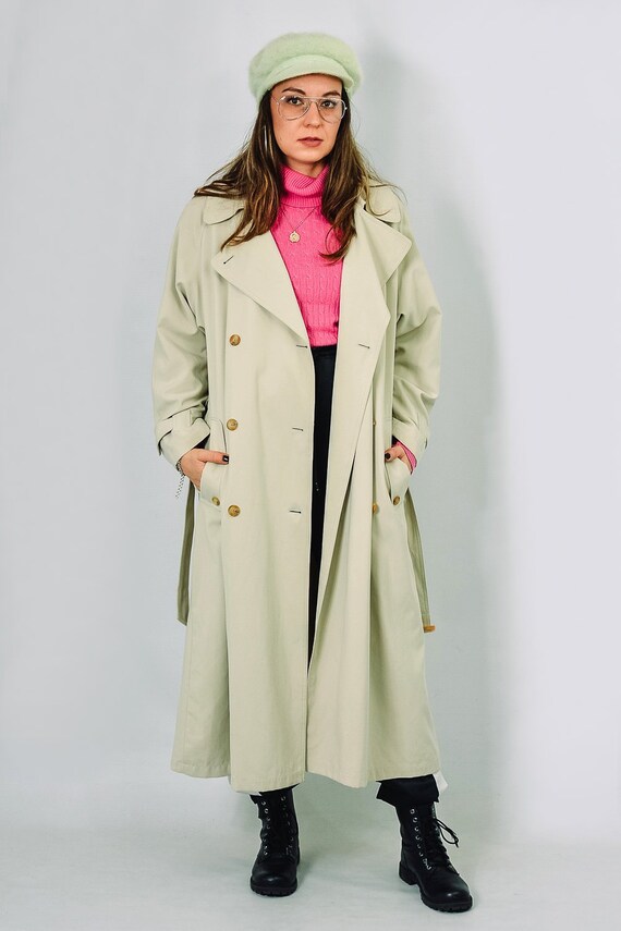 Beige Trench Coat Vintage Spring Autumn Bright 90's Women Belted Double Breasted L Large