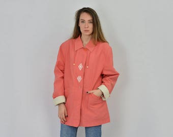 Salmon coat jacket Windbreaker Vintage hipster parka embroidered shoulder pads raincoat XXL