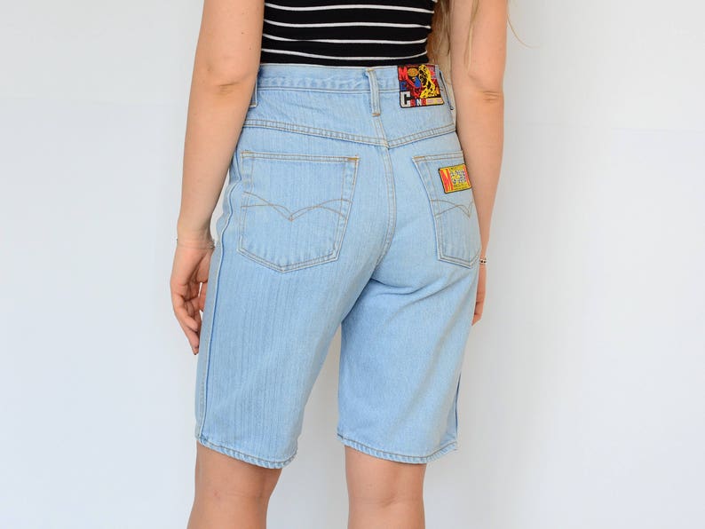 American McChino shorts Vintage 90's shorts super High waist Patched blue jeans denim woman L Large image 5