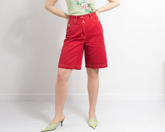 Vintage 80's denim shorts red golden spikes high … - image 1
