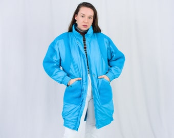 Blue puffy jacket vintage 80s winter snow coat puffer women L Large