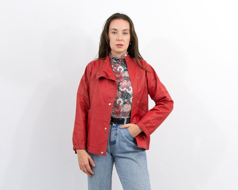 Red leather jacket vintage biker women size M image 1