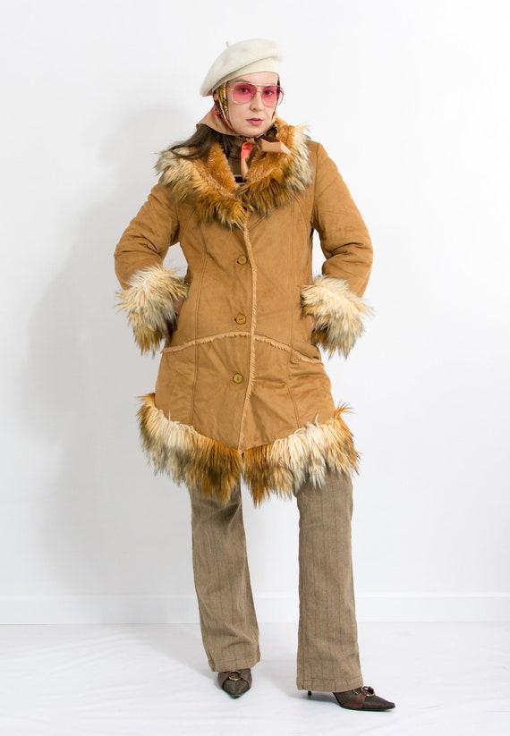Vintage Penny Lane Coat Faux Fur Suede Jacket Caramel Size L