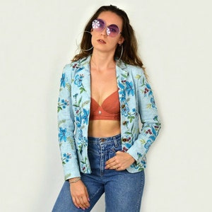 Vintage Floral Embroidered Linen Blazer: Retro Blue Jacket S/M