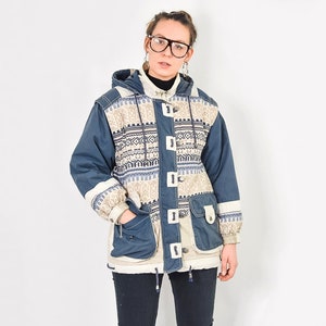 Puffy Jacket Vintage 90's Ethnic patterned blue hooded hipster sport retro puffer M Medium image 1