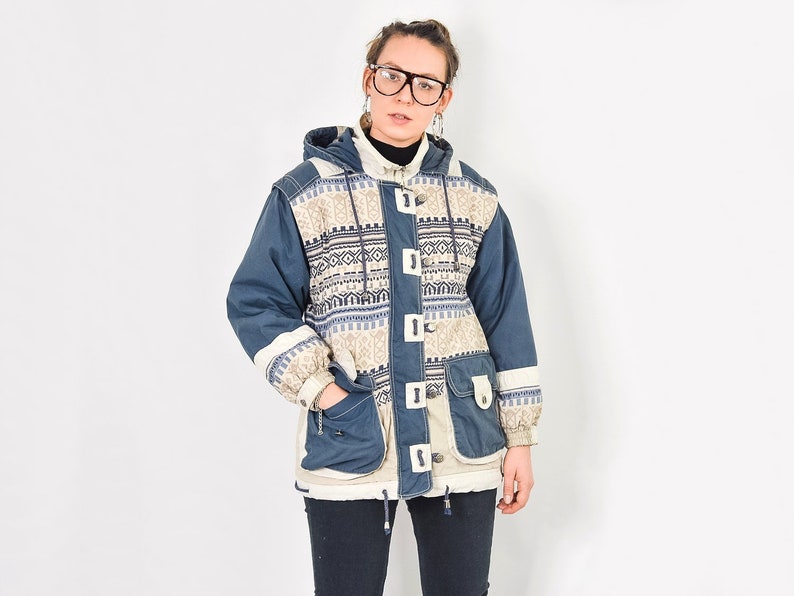 Geschwollene Jacke Vintage 90 ethnischen gemusterten blauen Kapuzen Hipster Sport retro Kugelfisch M Medium Bild 1