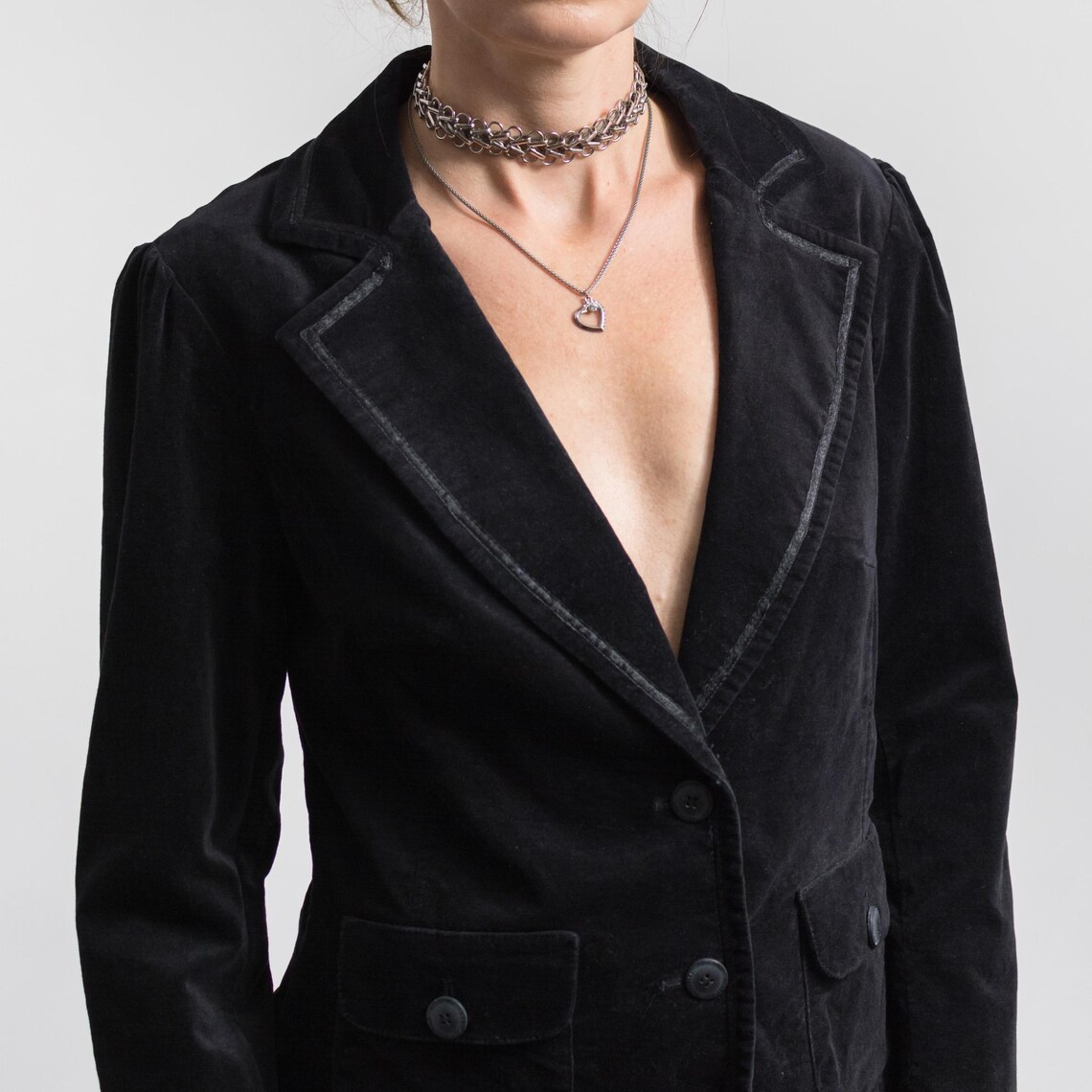 Y2K Black Velvet Blazer Fitted Vintage Tailored Jacket L/XL, foto 4 de 5
