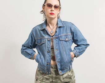 Giacca in denim anni '90 blue jeans Vintage da donna taglia XS