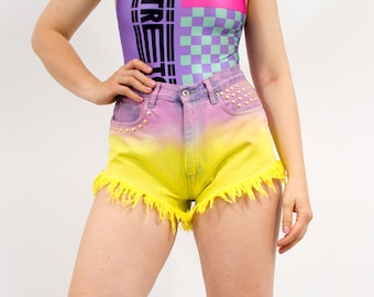 Ombre denim short reworked vintage cutoffs yellow purple summer W31 Large