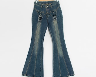 Glockenförmiges Bein Jeans Y2K Vintage Schlagmetallringe Frauen Größe 29