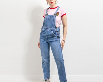 90-tals jeansoveraller vintage denim dungarees stentvättad jumpsuit dam storlek XS/S