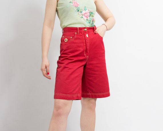 Vintage 80's denim shorts red golden spikes high … - image 4