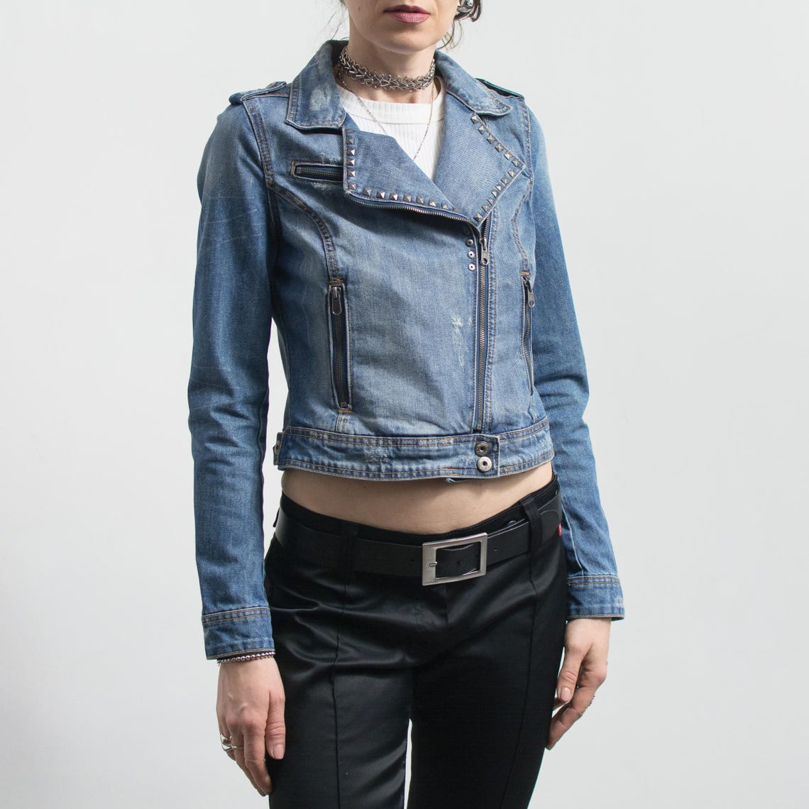 Y2K Denim Biker Jacket Cropped Studded Blue S/M, Foto 3 von 5