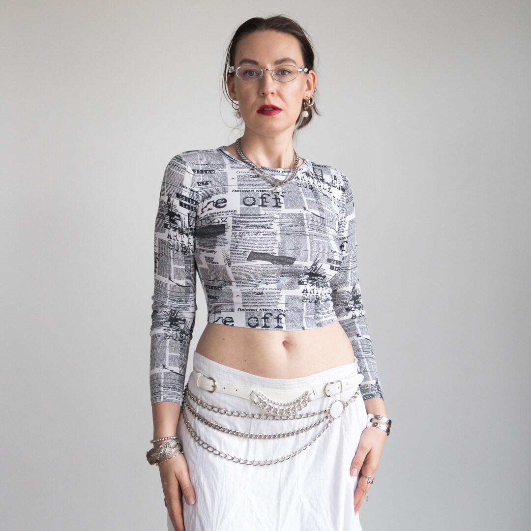 Newspaper Print Crop Top | Vintage Y2K Long Sleeve Stretchy Blouse