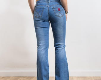 Jeansy damskie Vintage Y2K Bootcut z lat 2000., rozkloszowane, ze stretchem, rozmiar L
