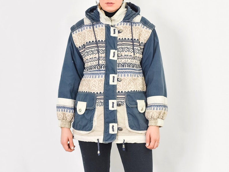 Puffy Jacket Vintage 90's Ethnic patterned blue hooded hipster sport retro puffer M Medium image 3