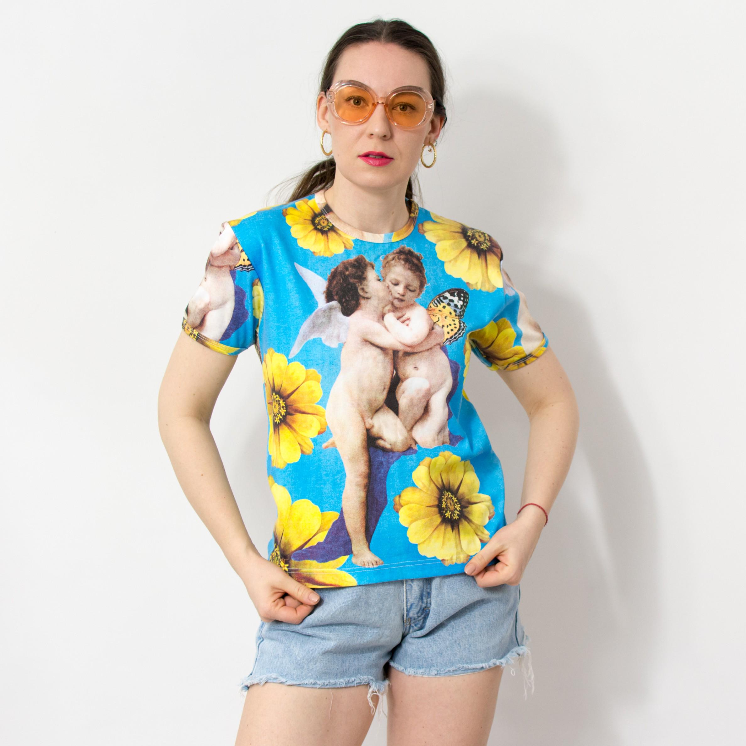 Y2K 天使のひまわりプリントTシャツ | カウボーイ＆エンジェルTシャツ