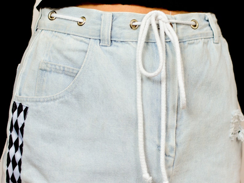 Reworked denim skirt W29 Frayed lace up Mini cut off light blue jean Vintage 90's High waisted Pockets 90's M Medium image 4
