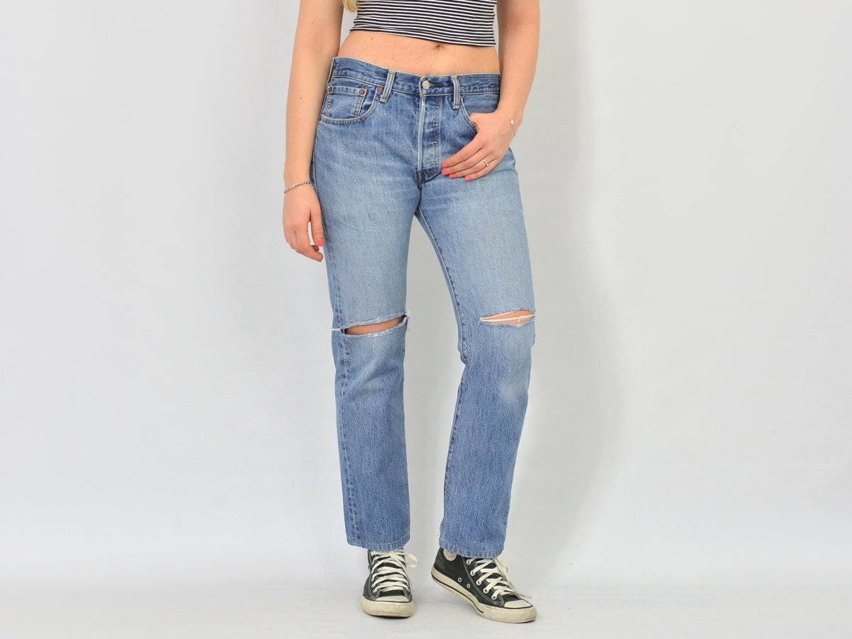 Levis 501 jeans vintage gaten op de knie Distressed moeder | Etsy Nederland