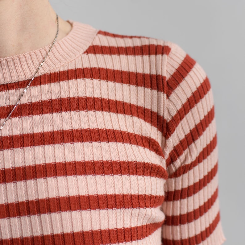 May include: A close-up of a short-sleeved, ribbed knit top. The top features horizontal stripes in a muted red-orange and a light pink. A silver necklace is visible at the neckline. The fabric appears soft and comfortable.
