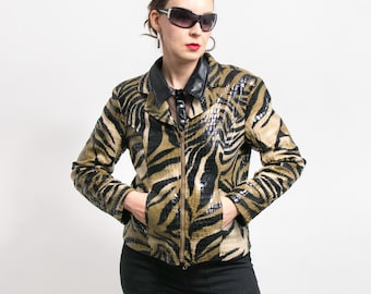 Vintage 90er Jahre Tiger Muster Jacke - Kunstleder Mantel Damen M